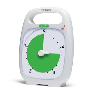 The Time Timer PLUS 5-minute visual timer shown. The green disk is set at 3 minutes, 45 seconds. The Pause Button is popped out showing an orange ring around it.