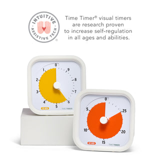 Time Timer visual timers are research proven to increase self-regulation in all ages and abilities. The MOD 10-minute timer and the MOD 30 Minute timer are shown side by side. 