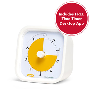 The Time Timer MOD 10-Minute visual timer is shown with a yellow disk set at the 90 minute mark. A red graphic overlays the photo and states "Includes Free Time Timer Desktop App"