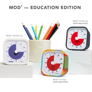 The MOD Education Edition Family is shown as three visual timers. The MOD 60-minute timer with a Charcoal silicone case. The MOD 60-minute timer with a tie-dye case, and the MOD 120-minute timer with a white silicone case and purple disk. 