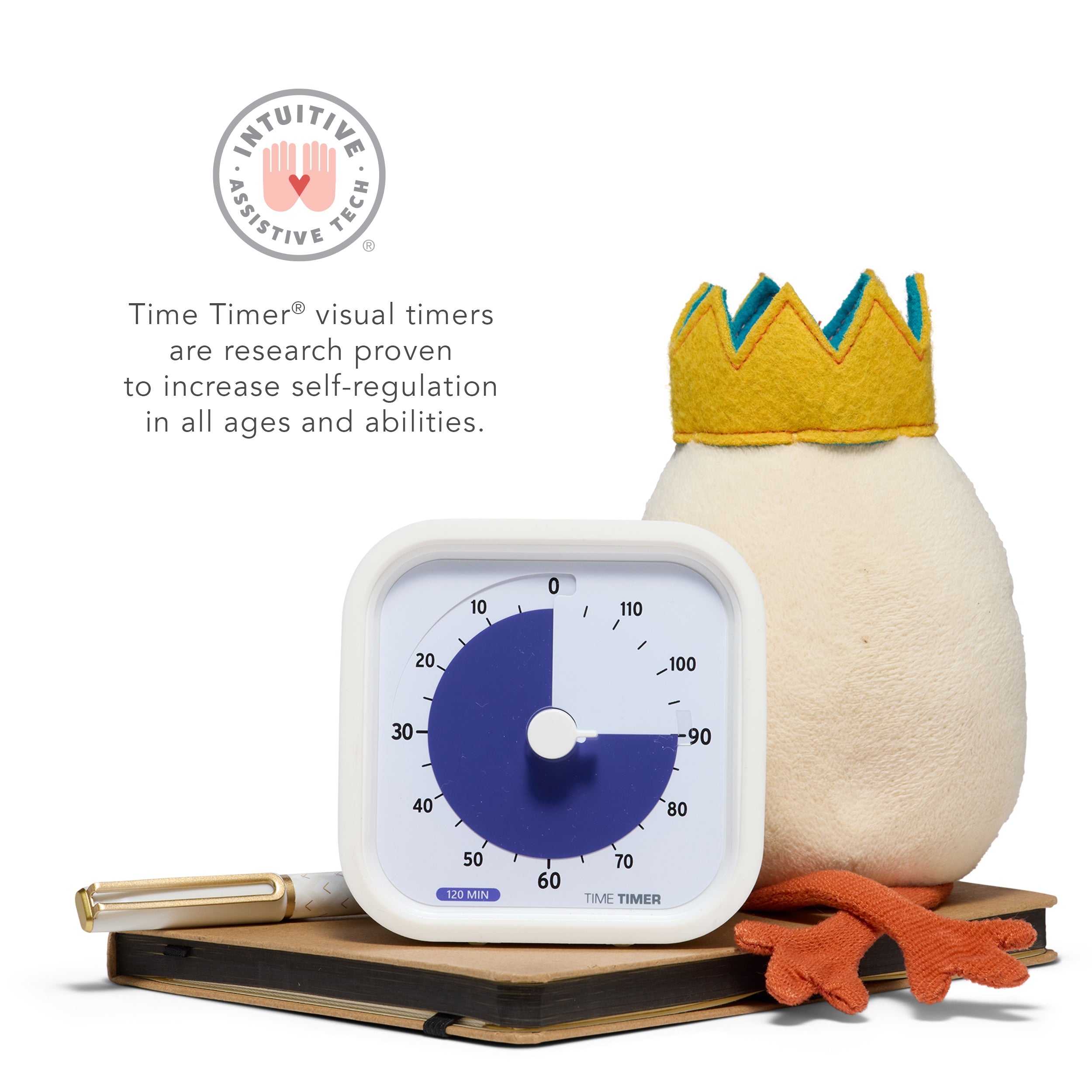 Time Timer visual timers are research proven to increase self-regulation in all ages and abilities. The MOD 120-minute timer us shown next to an Humpty Dumpty Egg toy and pen sitting atop a notebook. 