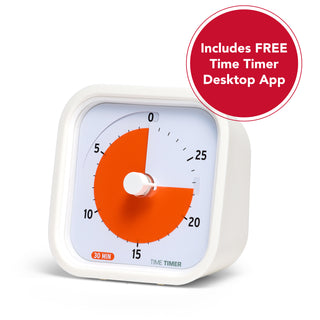 Time Timer MOD Education Edition 30 minute visual timer is shown with a white silicone cover and bright orange disk. A graphic reading "Includes FREE Time Timer Desktop App" is shown. 
