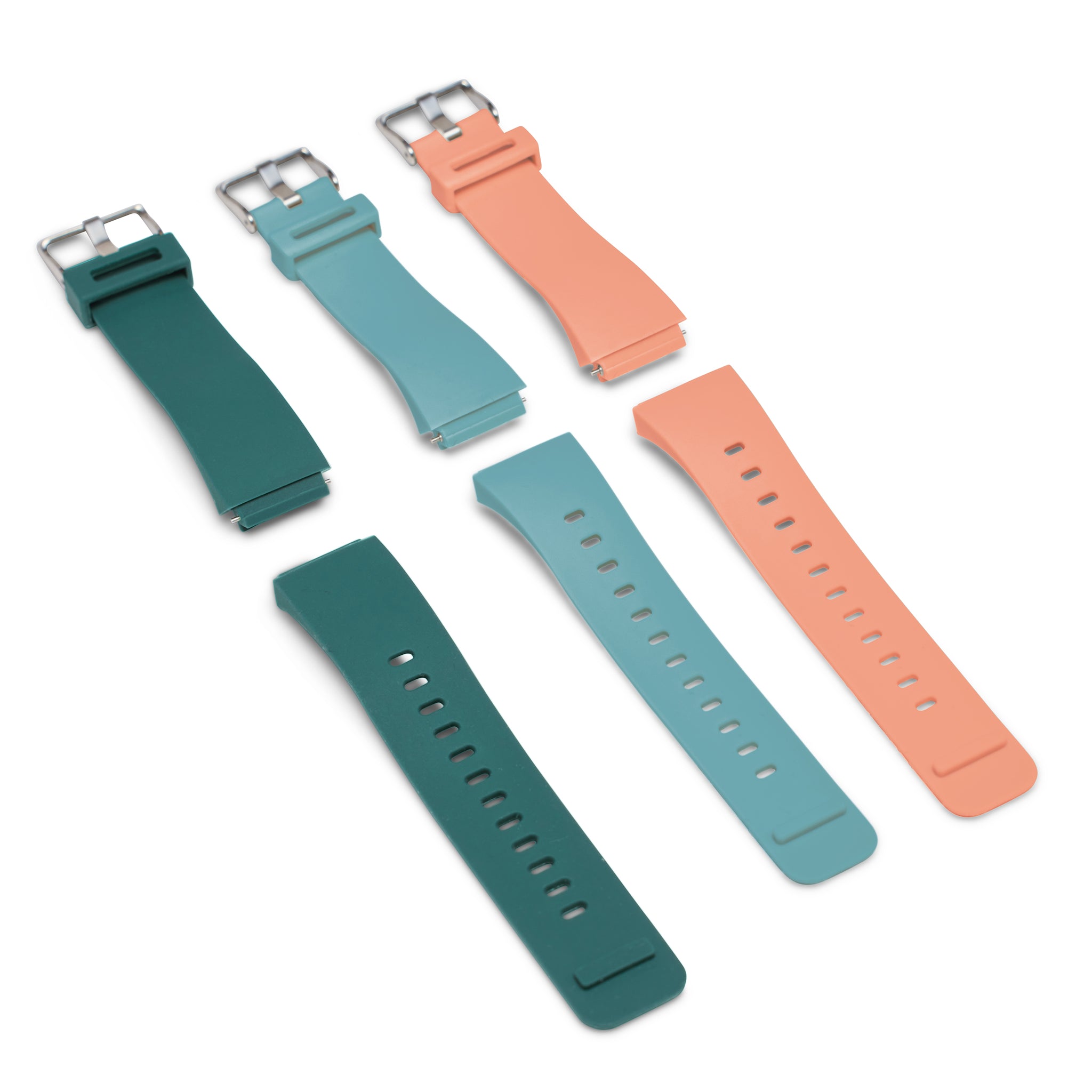 Three Timer Watch bands are displayed. The first is the watch band in the large size in the Baltic Blue color. The second is in the Small size in the Caribbean Blue color. The third is also in the small size in the Sedona Orange color. 