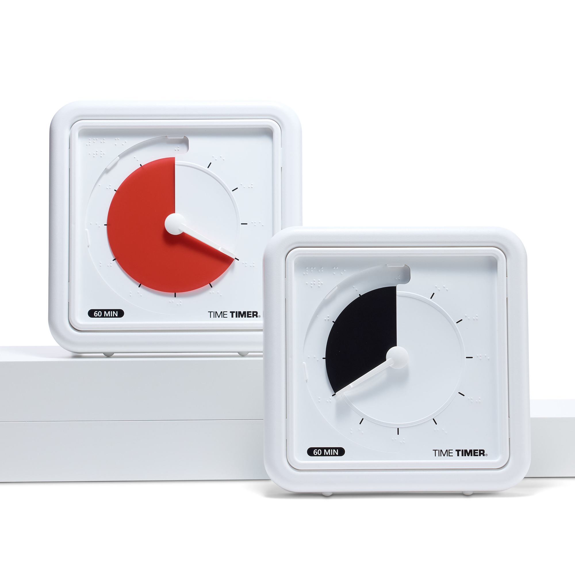 2 Time Timer® BRAILLE 8" tactile timers, one with a red disc and one with a black disc. 