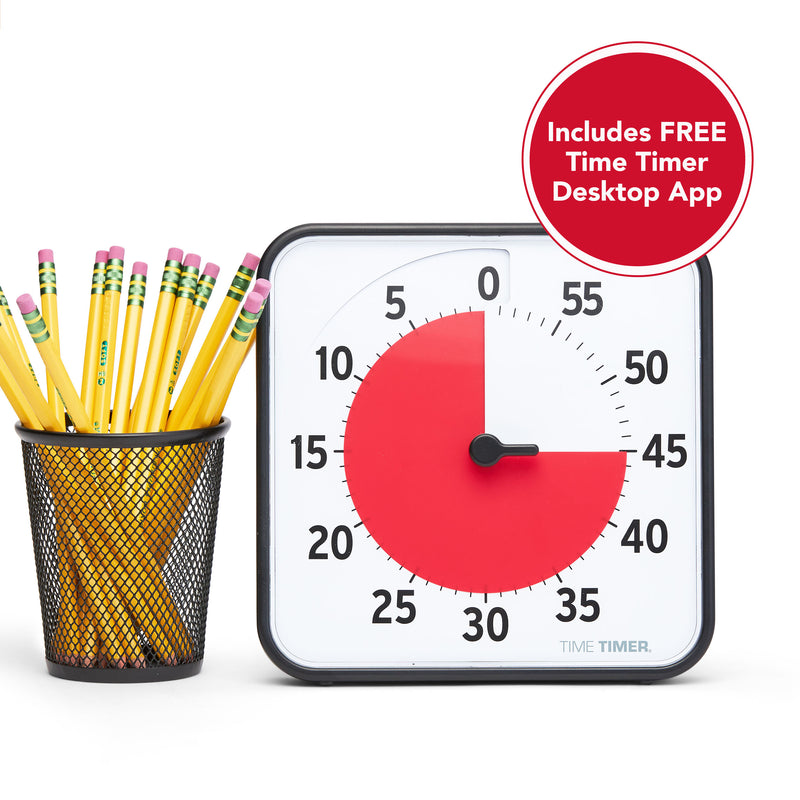 Time Timer® MAX Large Visual Timer is shown next to a cup of pencils. The pencils are about the same height as the timer. The visual timer's red disk is set to 45 Minutes. A graphic states "Includes FREE Time Timer Desktop App."