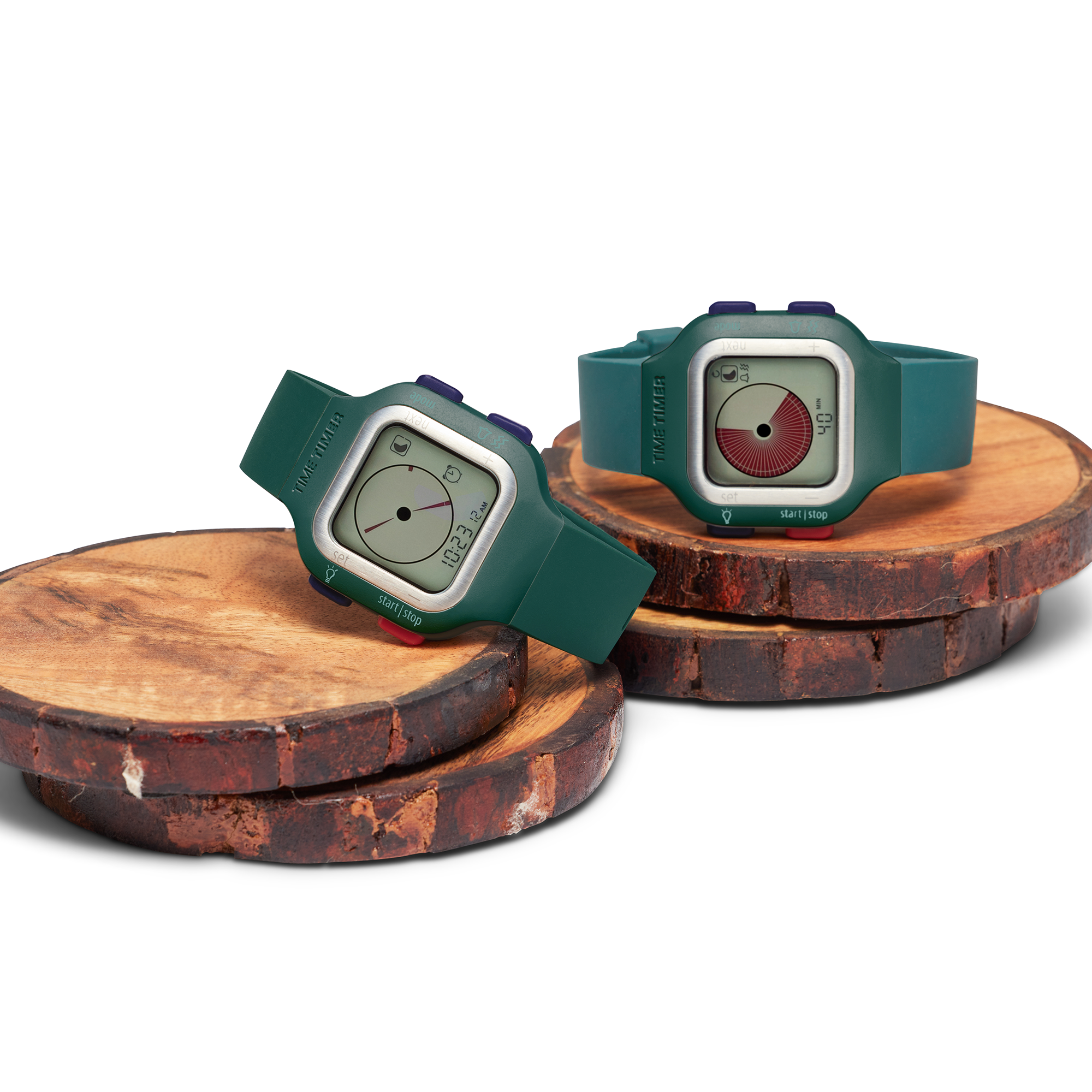 Time Timer® Watch Accessory - Extra Watch Band Accessory shown in the Sequoia Green watch face. The fist watch shows the standard matching bands. The second watch shows the Sequoia Green face paired with the Baltic Blue band accessory.  